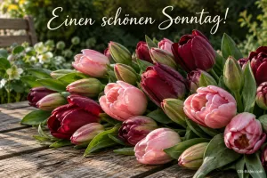 Tulpen auf dem Gartentisch, Text: Einen schönen Sonntag!