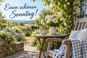Gartentisch mit Margeriten, Text: Einen schönen Sonntag!