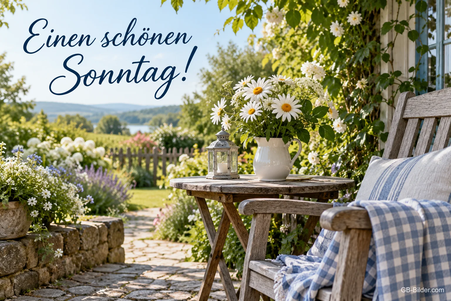 Gartentisch mit Margeriten, Text: Einen schönen Sonntag!
