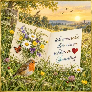 Aufgeschlagenes Buch mit Wiesenblumen auf einer Wiese, davor ein Rotkehlchen, Text: ich wünsche dir einen schönen Sonntag