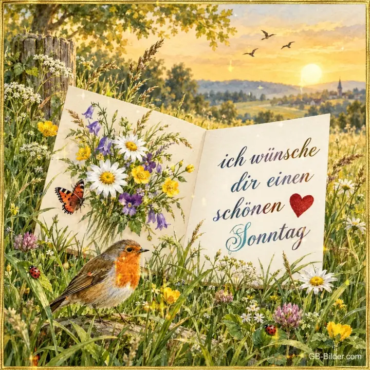Aufgeschlagenes Buch mit Wiesenblumen auf einer Wiese, davor ein Rotkehlchen, Text: ich wünsche dir einen schönen Sonntag