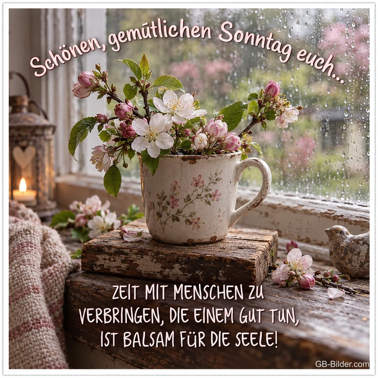 Apfelblütenzweige in einer Tasse am regnerischen Fenster, Text: Schönen, gemütlichen Sonntag euch… Zeit mit Menschen zu verbringen, die einem gut tun, ist Balsam für die Seele!