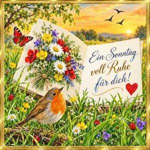 Rotkehlchen vor einem offenen Buch mit Wiesenblumenstrauß bei Sonnenuntergang, Text: Ein Sonntag voll Ruhe für dich!