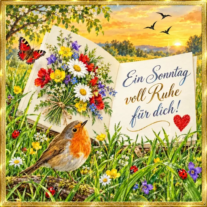 Rotkehlchen vor einem offenen Buch mit Wiesenblumenstrauß bei Sonnenuntergang, Text: Ein Sonntag voll Ruhe für dich!
