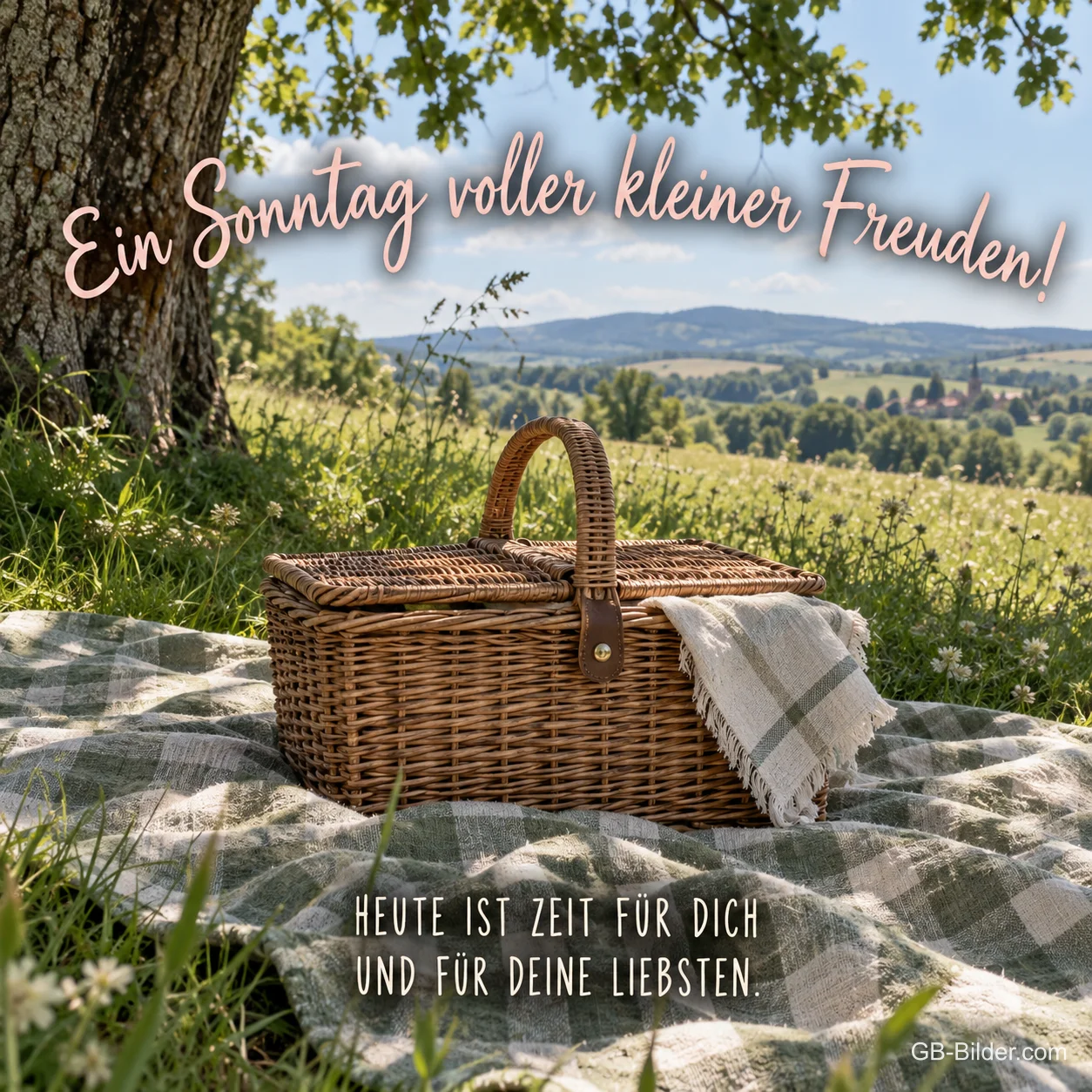 Picknickkorb unter einem Baum, Text: Ein Sonntag voller kleiner Freuden