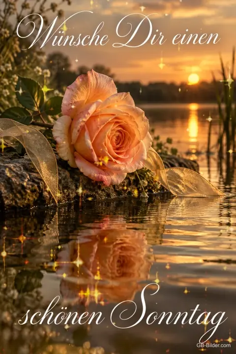 Pfirsichfarbene Rose am Seeufer im Sonnenuntergang, Text: Wünsche Dir einen schönen Sonntag