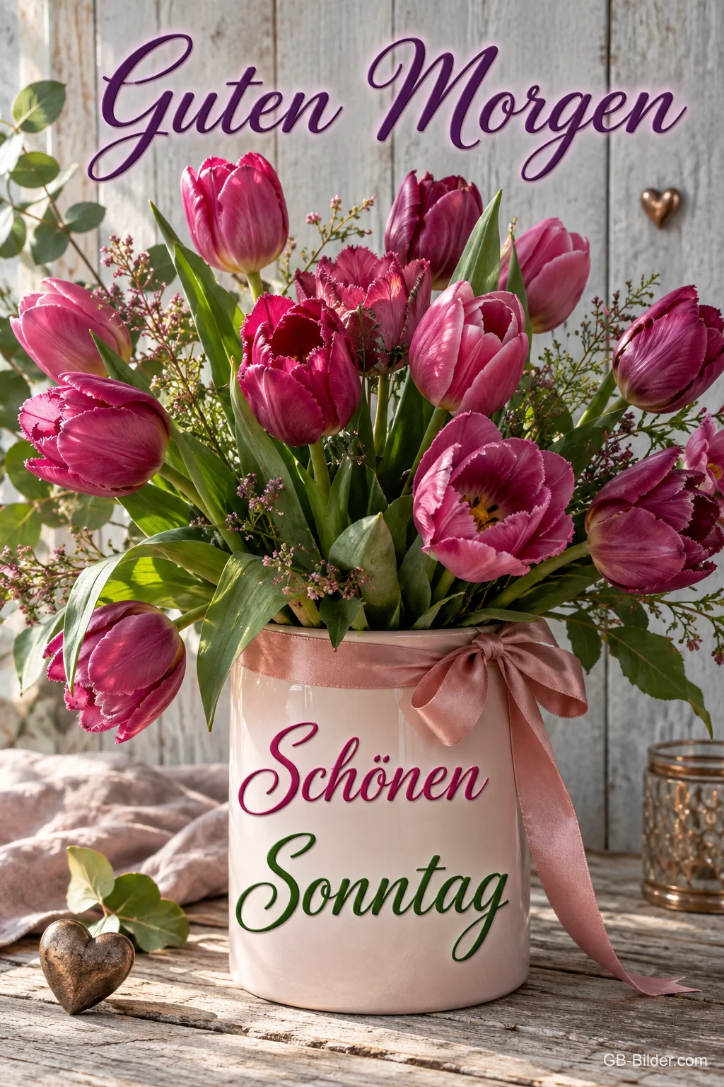 Pinke Tulpen in einer Vase mit Schleife, Text: Guten Morgen – Schönen Sonntag