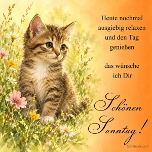 Getigertes Kätzchen sitzt zwischen Wiesenblumen, Text: Heute nochmal ausgiebig relaxen und den Tag genießen das wünsche ich Dir – Schönen Sonntag!