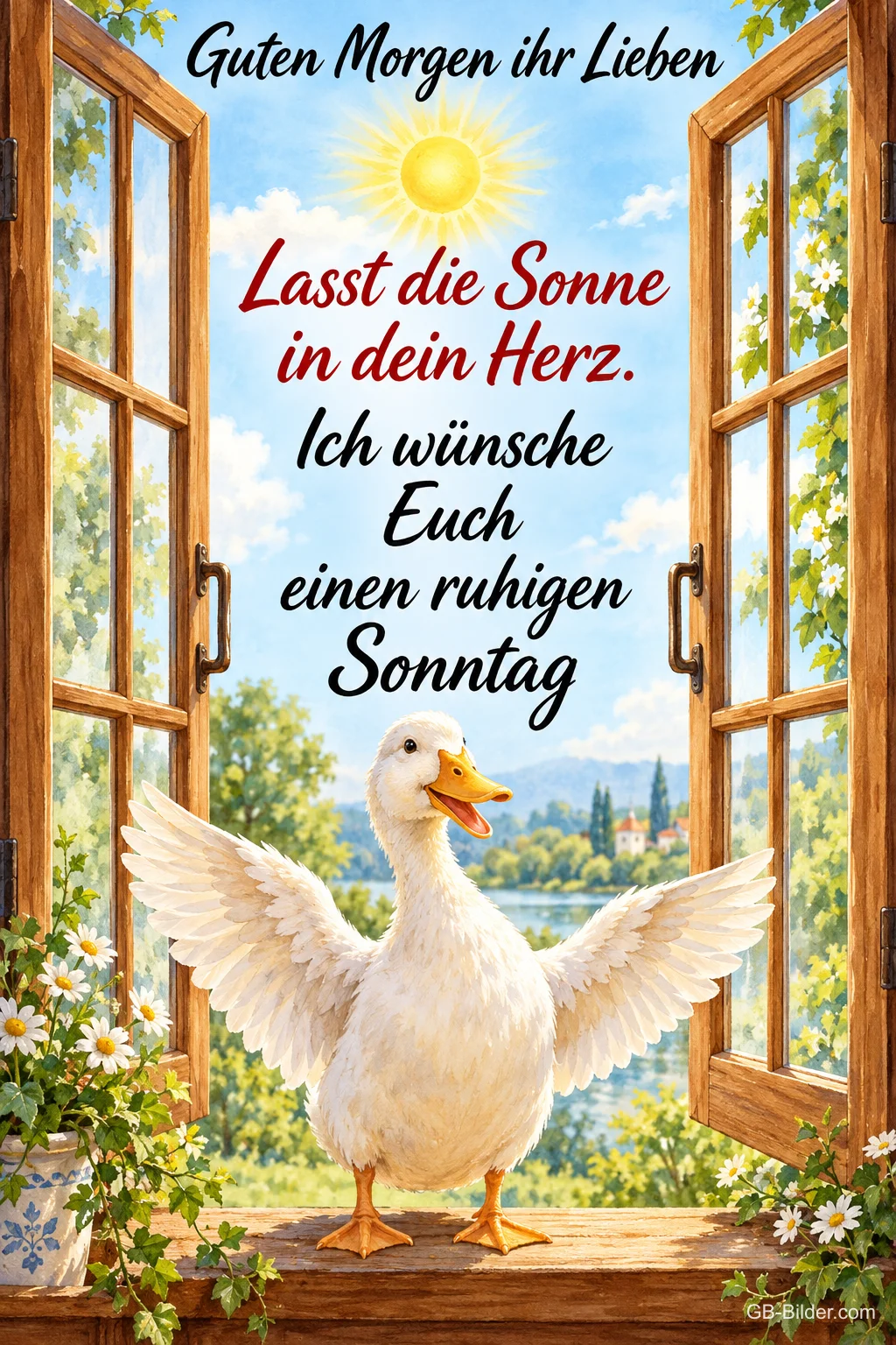 Weiße Ente breitet die Flügel am offenen Fenster aus, Text: Guten Morgen ihr Lieben – Lasst die Sonne in dein Herz. Ich wünsche Euch einen ruhigen Sonntag