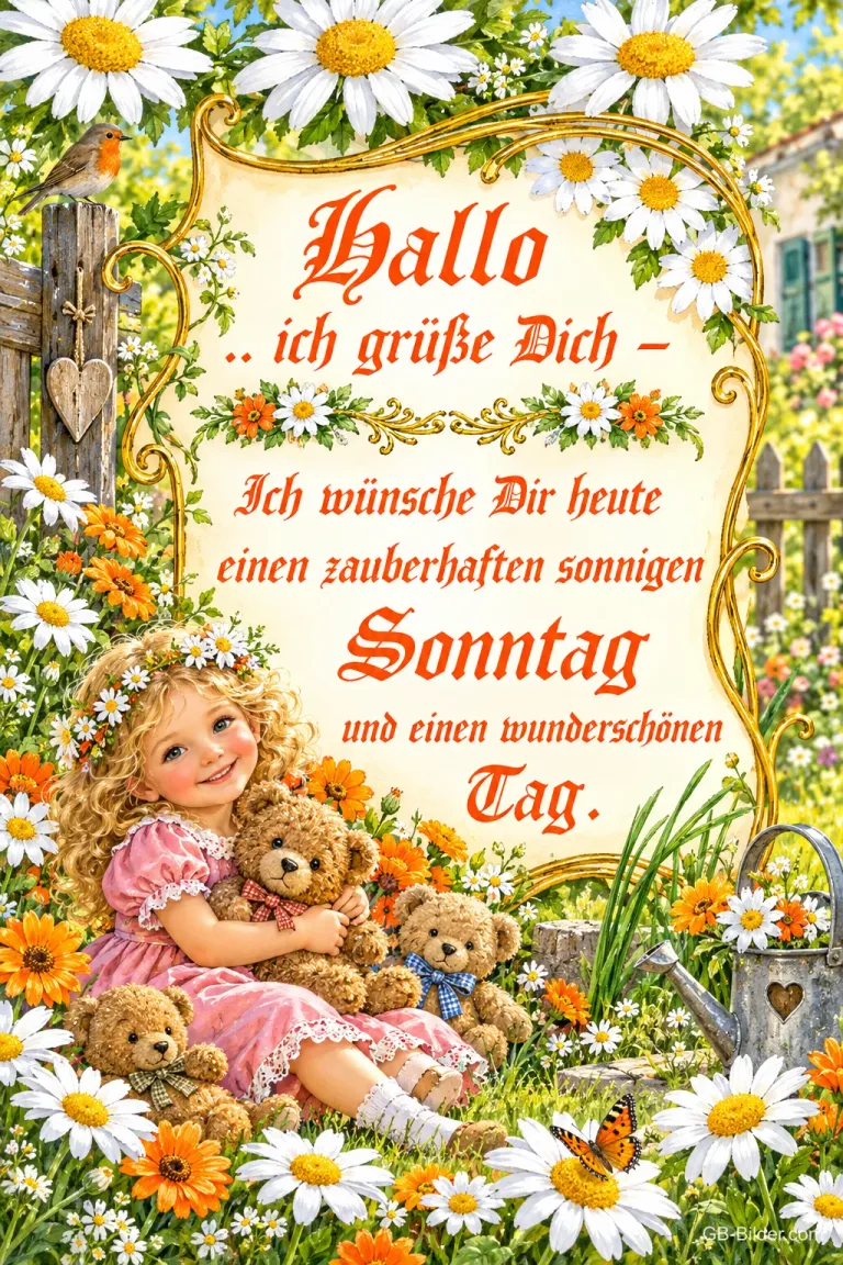 Lockiges Mädchen mit Teddys zwischen Margeriten und Sonnenblumen, Text: Hallo .. ich grüße Dich – Ich wünsche Dir heute einen zauberhaften sonnigen Sonntag und einen wunderschönen Tag.