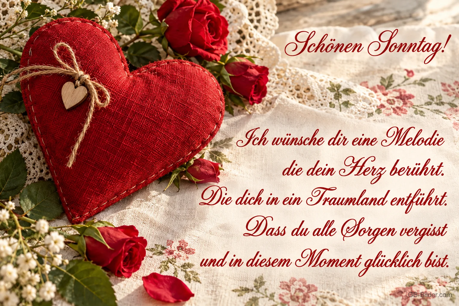 Rotes Stoffherz mit Holzherz zwischen roten Rosen auf Spitze, Text: Schönen Sonntag! Ich wünsche dir eine Melodie die dein Herz berührt. Die dich in ein Traumland entführt. Dass du alle Sorgen vergisst und in diesem Moment glücklich bist.