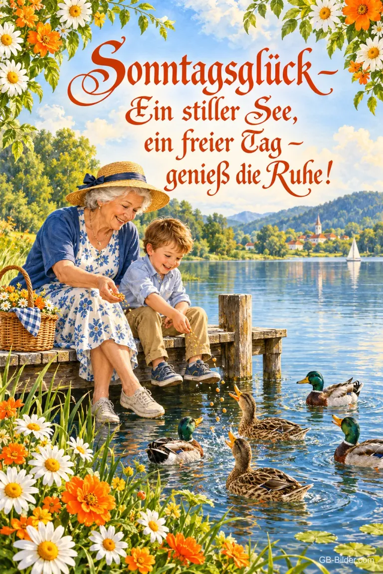 Großmutter und Enkel füttern Enten von einem Holzsteg am See, Text: Sonntagsglück – Ein stiller See, ein freier Tag – genieß die Ruhe!