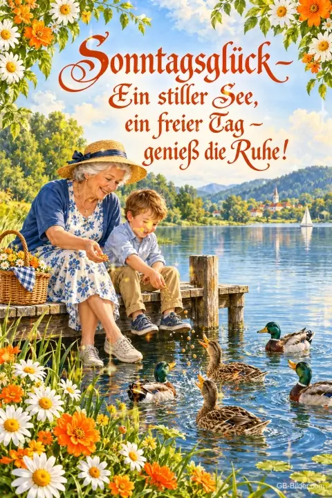 Großmutter und Enkel füttern Enten von einem Holzsteg am See, Text: Sonntagsglück – Ein stiller See, ein freier Tag – genieß die Ruhe!