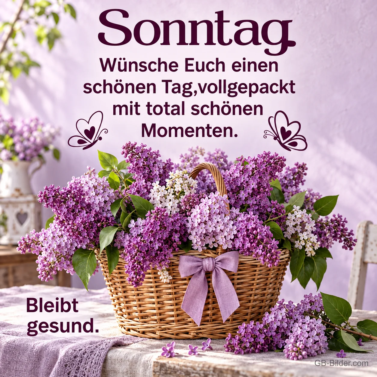 Korb mit lila Flieder und Schleife auf einem Tisch, Text: Sonntag – Wünsche Euch einen schönen Tag, vollgepackt mit total schönen Momenten. Bleibt gesund.