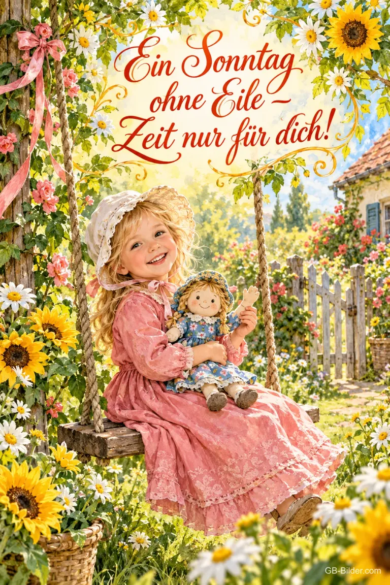 Mädchen mit Puppe sitzt auf einer Schaukel zwischen Sonnenblumen, Text: Ein Sonntag ohne Eile – Zeit nur für dich!