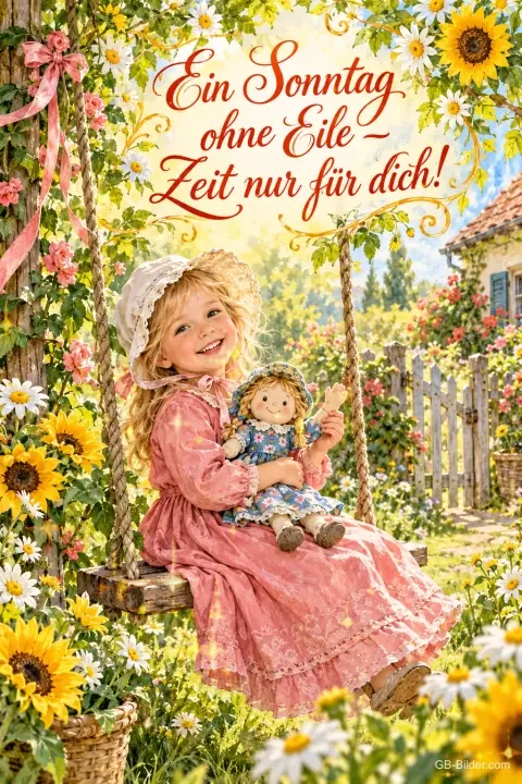 Mädchen mit Puppe sitzt auf einer Schaukel zwischen Sonnenblumen, Text: Ein Sonntag ohne Eile – Zeit nur für dich!