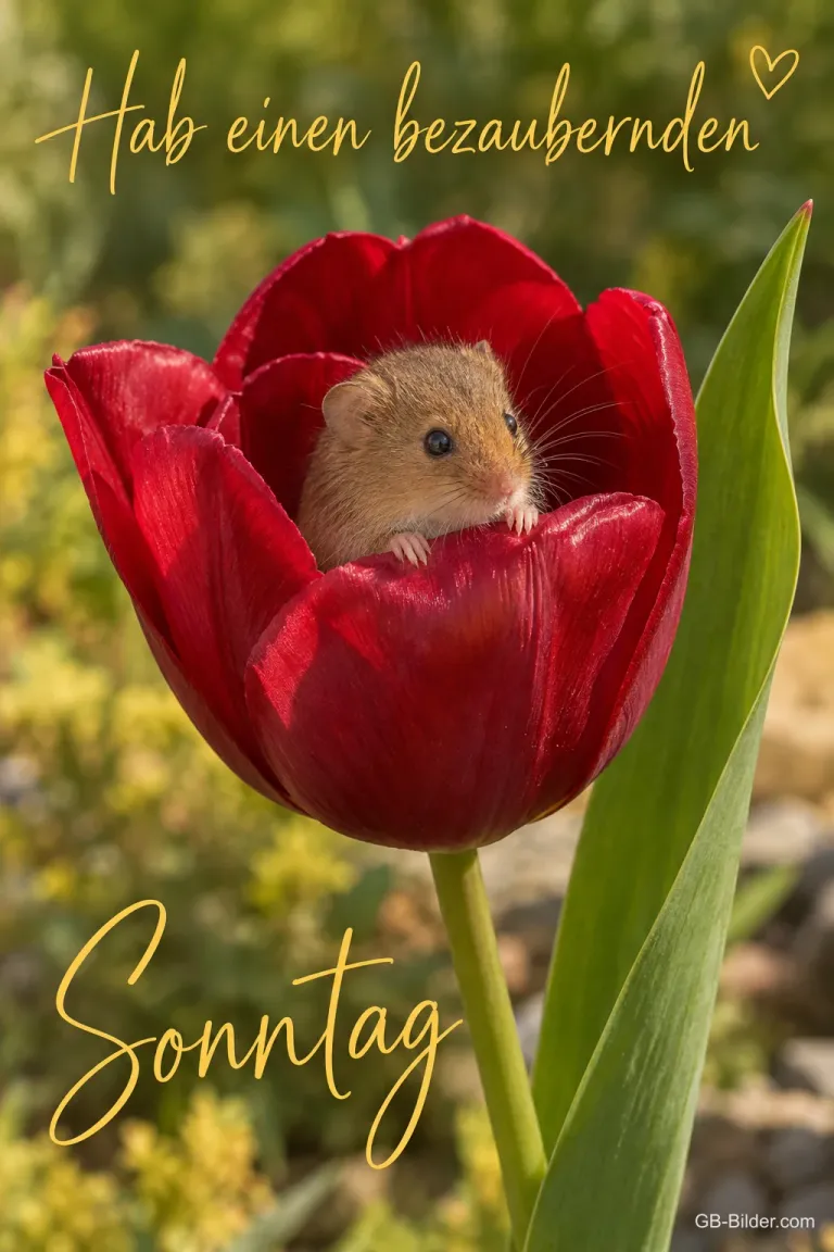 Zwergmaus schaut aus einer roten Tulpe, Text: Hab einen bezaubernden Sonntag