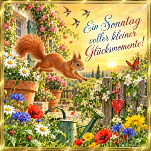 Eichhörnchen springt über einen Gartenzaun zwischen Mohn und Kornblumen, Text: Ein Sonntag voller kleiner Glücksmomente!