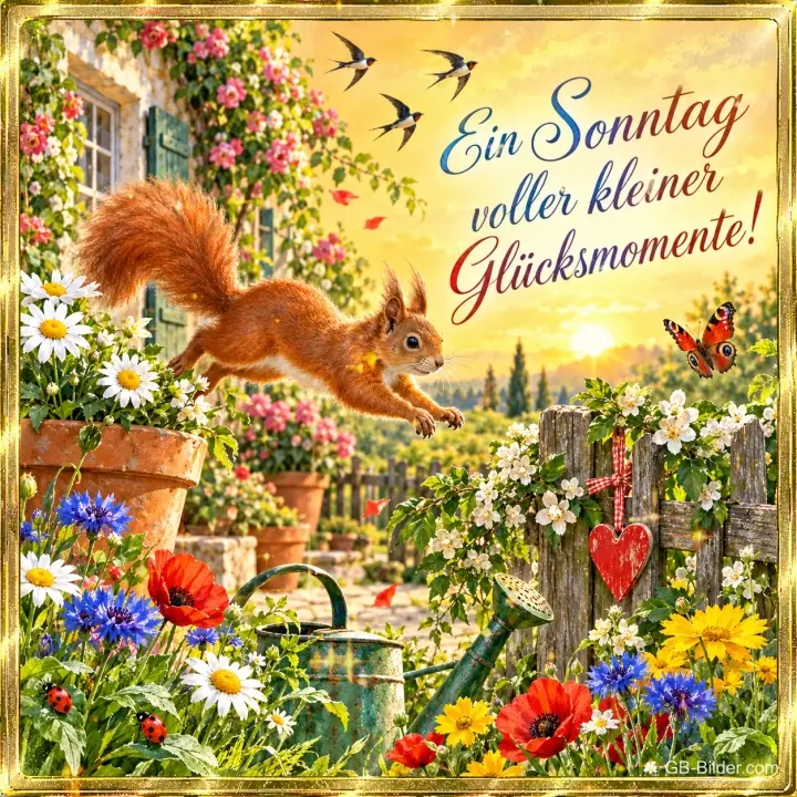Eichhörnchen springt über einen Gartenzaun zwischen Mohn und Kornblumen, Text: Ein Sonntag voller kleiner Glücksmomente!
