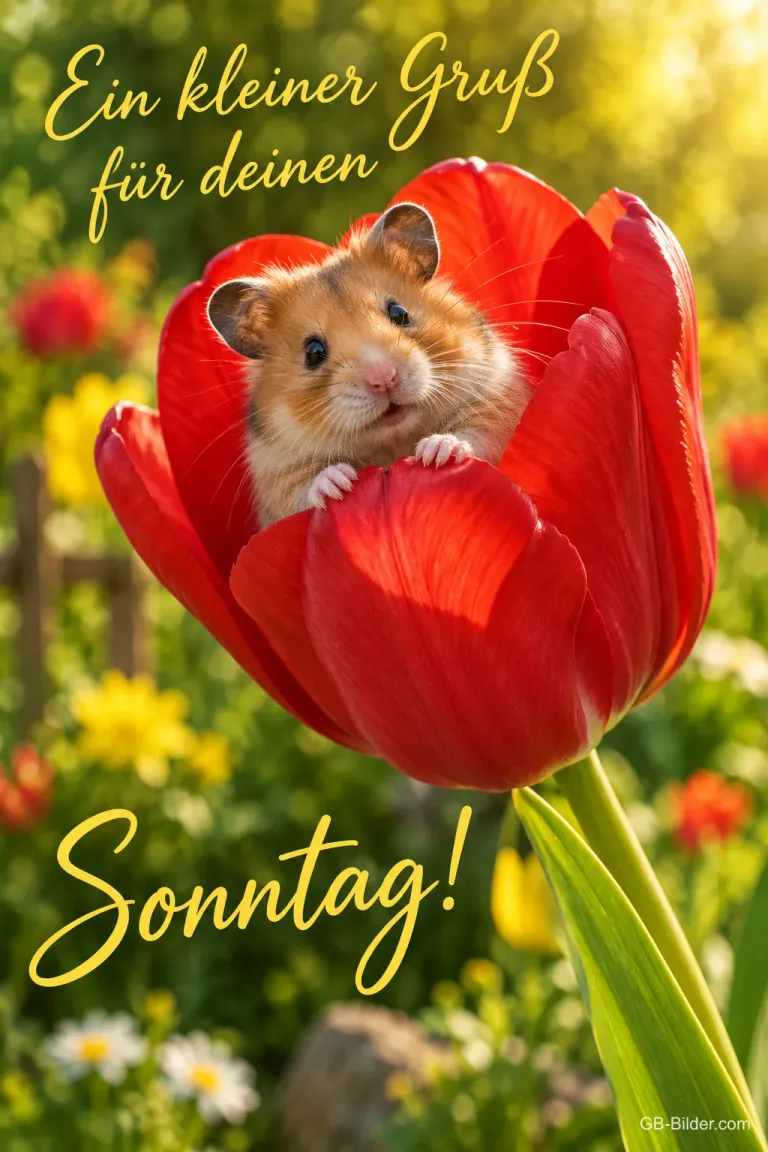 Hamster schaut aus einer roten Tulpe im Frühlingsgarten, Text: Ein kleiner Gruß für deinen Sonntag!