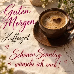 Kaffeetasse mit Herz im Schaum auf einem Leinentuch, Text: Guten Morgen – Kaffeezeit – Schönen Sonntag wünsche ich euch!