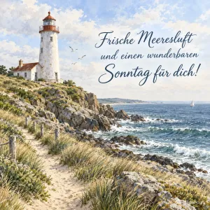 Leuchtturm an der Küste, Text: Frische Meeresluft und einen wunderbaren Sonntag für dich