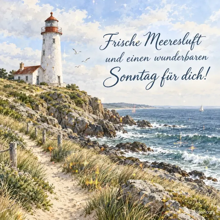 Leuchtturm an der Küste, Text: Frische Meeresluft und einen wunderbaren Sonntag für dich
