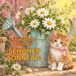 Rotes Kätzchen neben einer Gießkanne mit Margeriten, Text: Ich wünsche Dir einen SCHÖNEN SONNTAG!