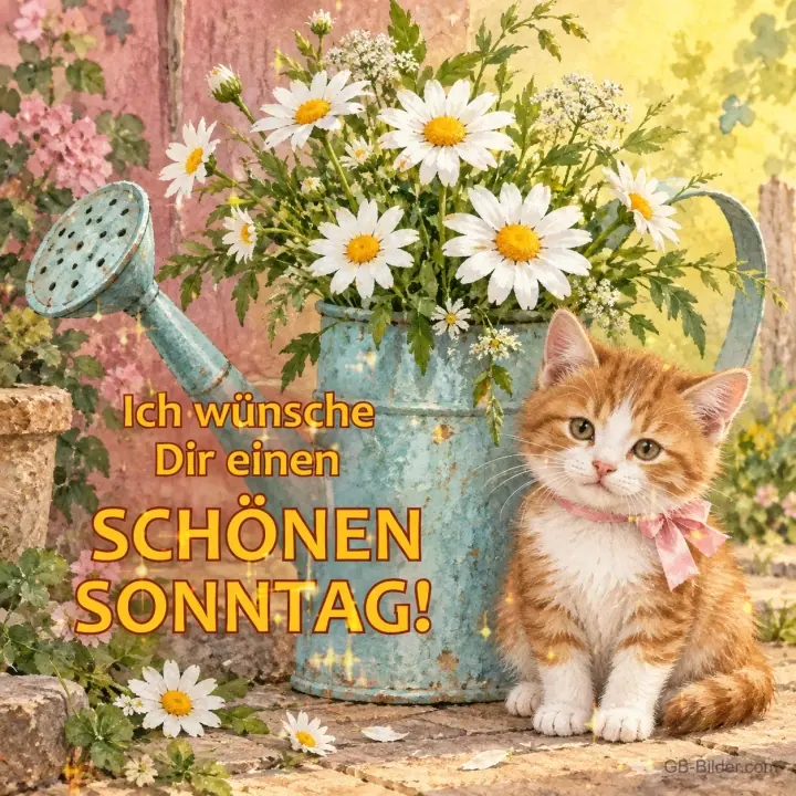 Rotes Kätzchen neben einer Gießkanne mit Margeriten, Text: Ich wünsche Dir einen SCHÖNEN SONNTAG!