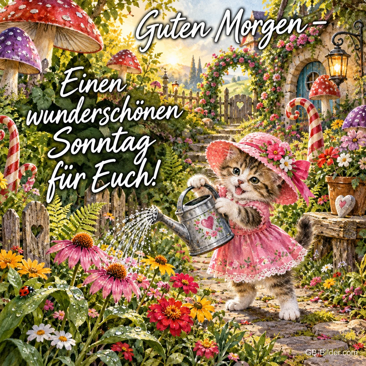Kätzchen mit Hut und rosa Kleid gießt Blumen zwischen Fliegenpilzen, Text: Guten Morgen – Einen wunderschönen Sonntag für Euch!