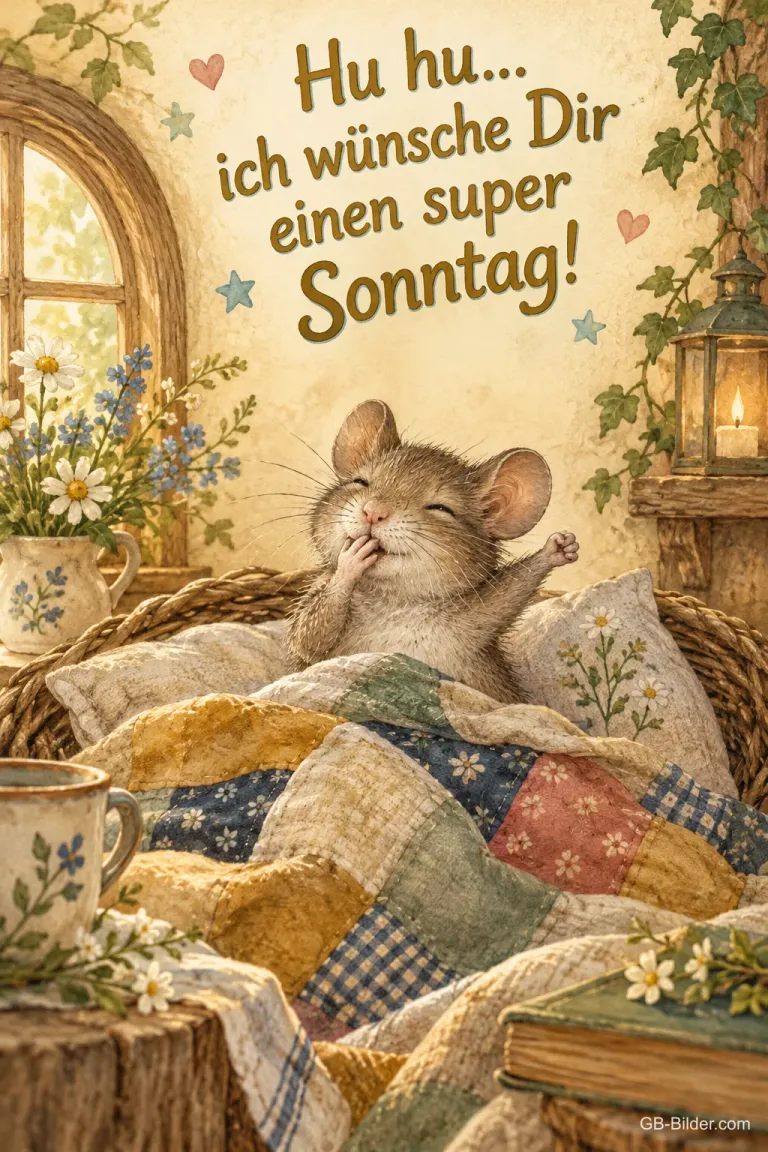 Maus gähnt im Bett unter einer Patchworkdecke, Text: Hu hu… ich wünsche Dir einen super Sonntag!