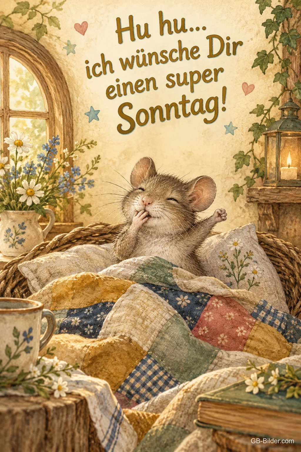 Maus gähnt im Bett unter einer Patchworkdecke, Text: Hu hu… ich wünsche Dir einen super Sonntag!