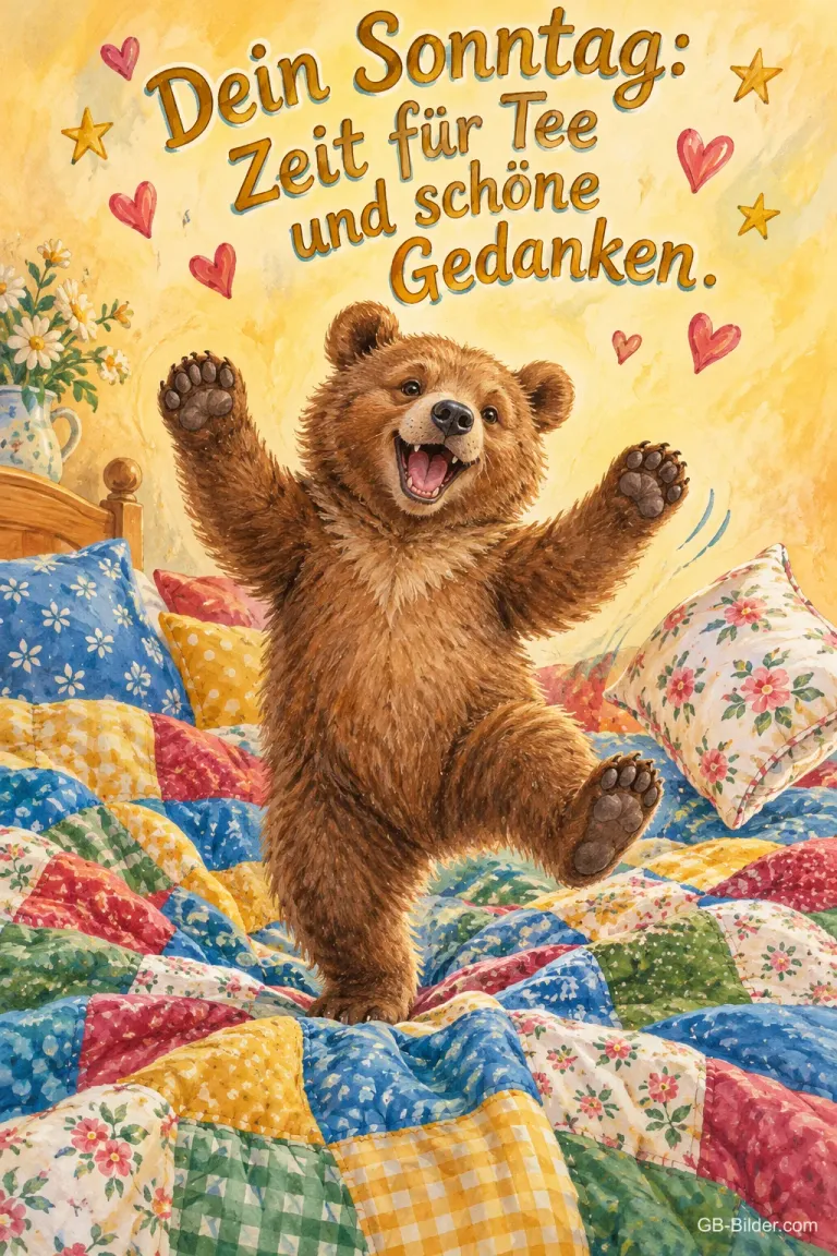 Bär tanzt fröhlich auf einer bunten Patchworkdecke, Herzen und Sterne, Text: Dein Sonntag: Zeit für Tee und schöne Gedanken.