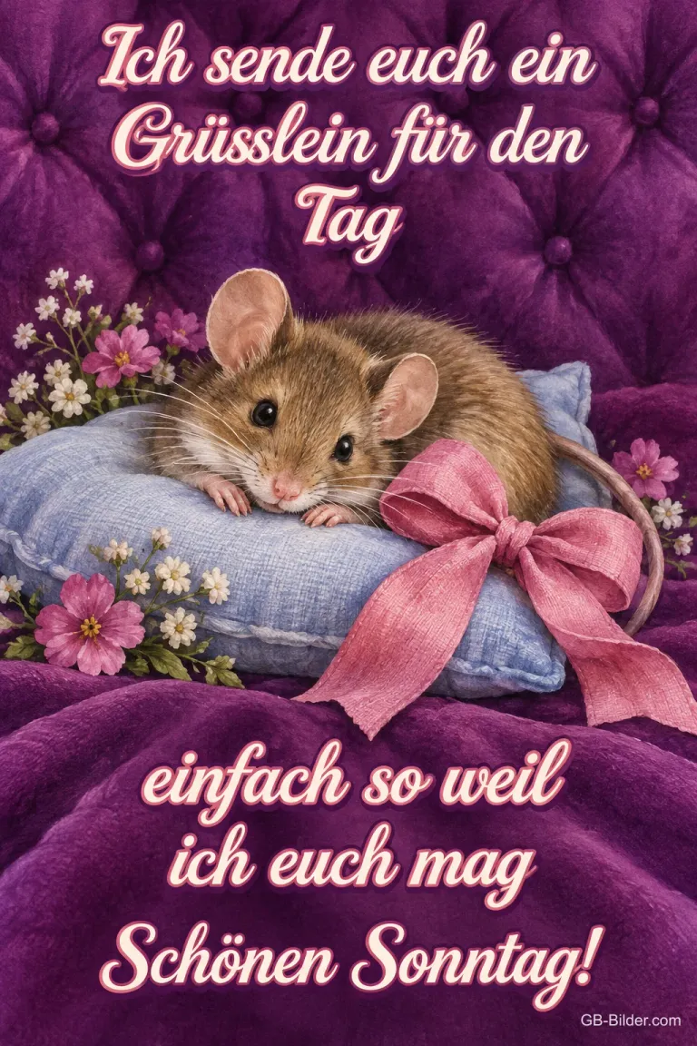 Maus liegt auf einem Kissen mit rosa Schleife, Text: Ich sende euch ein Grüsslein für den Tag einfach so weil ich euch mag – Schönen Sonntag!