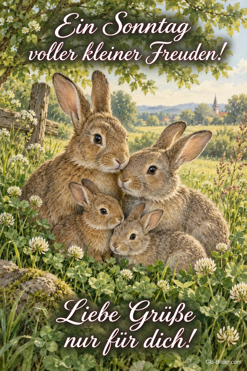 Hasenfamilie im Klee, Text: Ein Sonntag voller kleiner Freuden Hasenfamilie im Klee, Text: Ein Sonntag voller kleiner Freuden