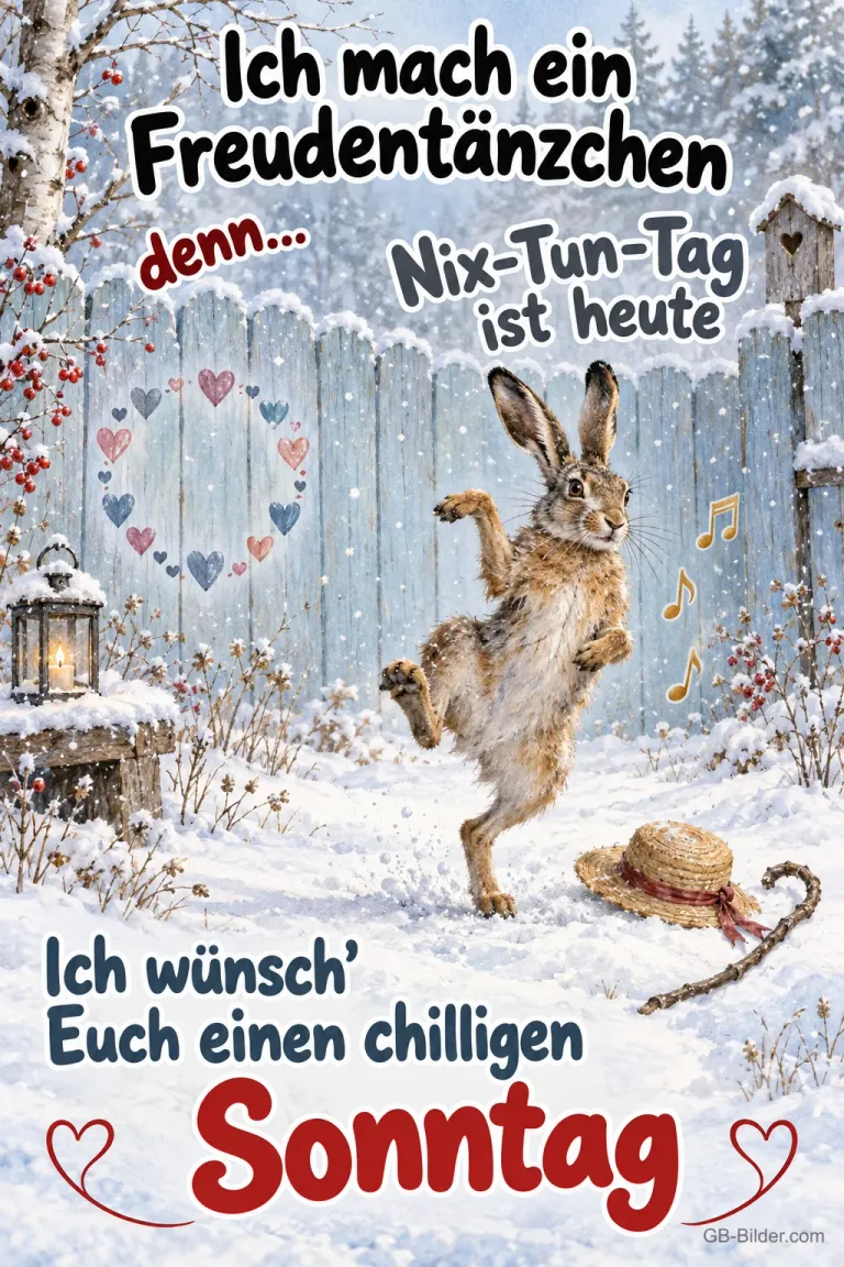 Hase tanzt im verschneiten Garten neben Strohhut und Stock, Text: Ich mach ein Freudentänzchen denn… Nix-Tun-Tag ist heute – Ich wünsch’ Euch einen chilligen Sonntag