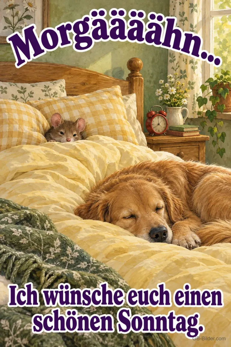 Golden Retriever schläft im Bett, daneben eine Maus und ein Wecker, Text: Morgäääähn… Ich wünsche euch einen schönen Sonntag.