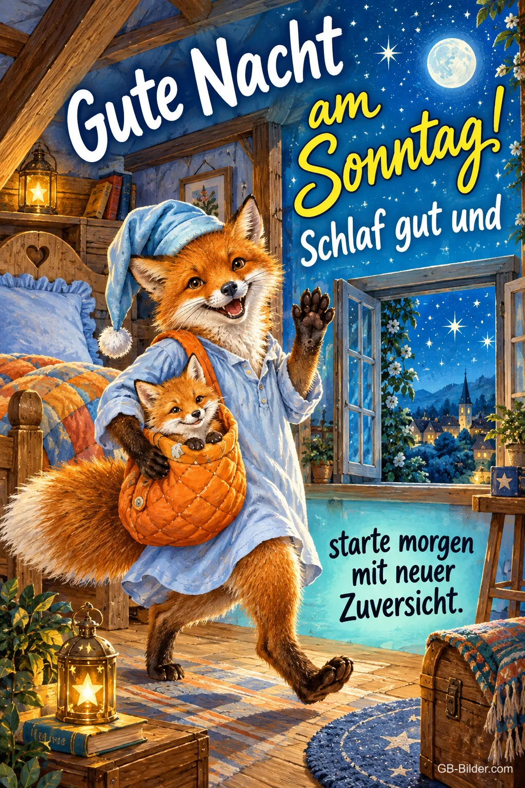Fuchs im Nachthemd trägt sein Junges in einer Tasche durch das Schlafzimmer, Text: Gute Nacht am Sonntag! Schlaf gut und starte morgen mit neuer Zuversicht. Fuchs im Nachthemd trägt sein Junges in einer Tasche durch das Schlafzimmer, Text: Gute Nacht am Sonntag! Schlaf gut und starte morgen mit neuer Zuversicht.