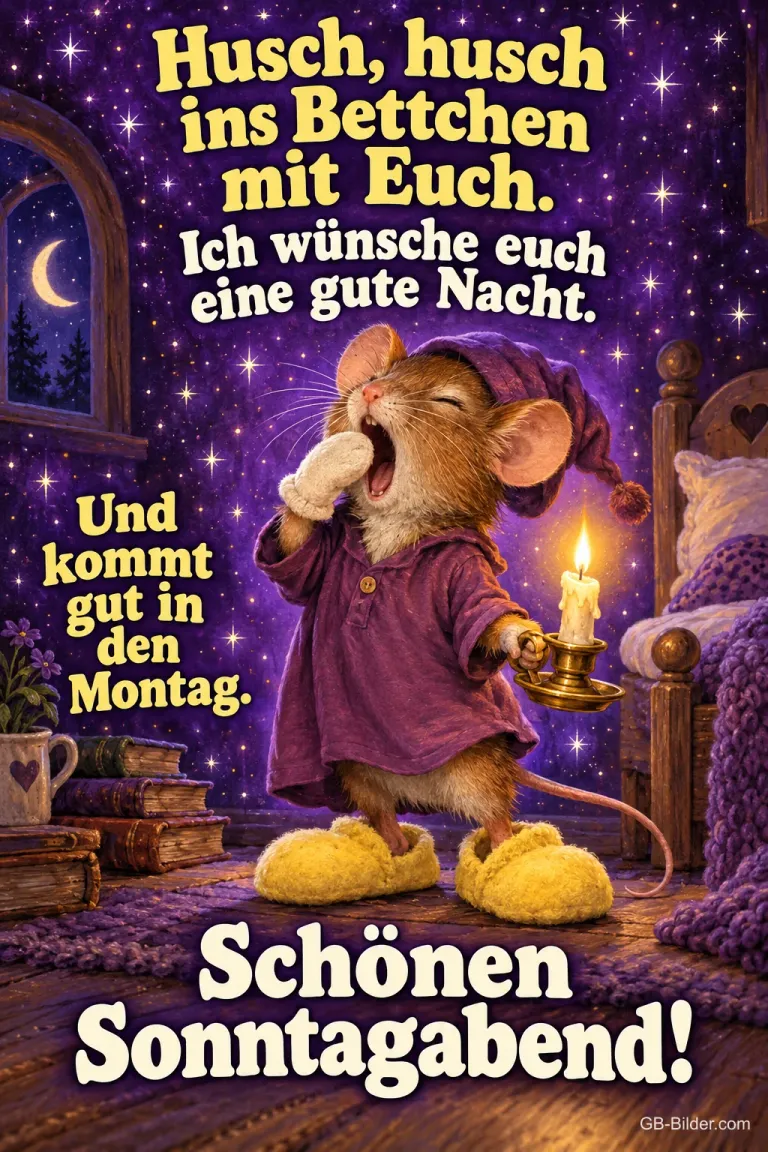 Maus mit Zipfelmütze und Kerze gähnt im Schlafzimmer, Text: Husch, husch ins Bettchen mit Euch. Ich wünsche euch eine gute Nacht. Und kommt gut in den Montag. Schönen Sonntagabend!
