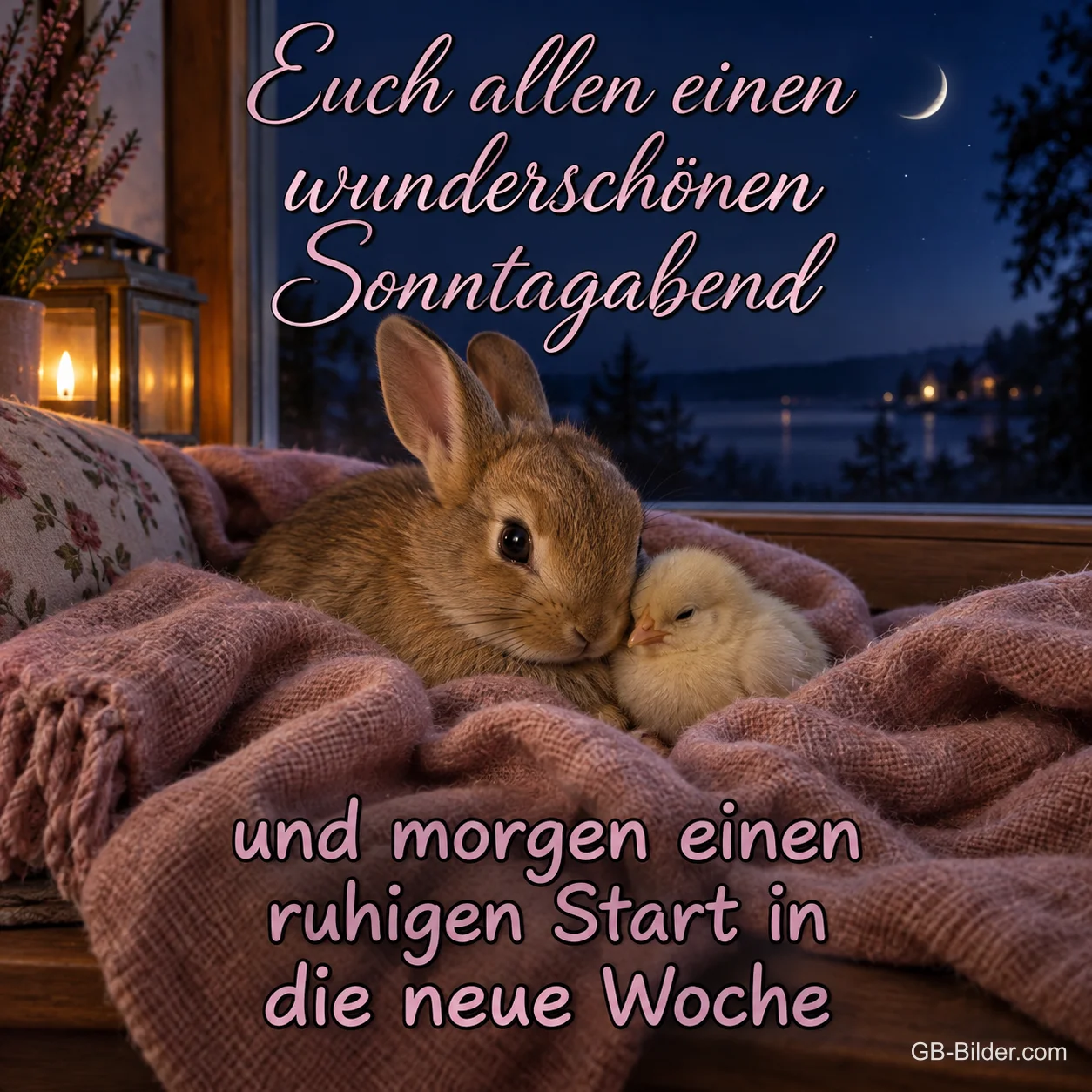 Kaninchen und Küken kuscheln auf einer Decke am Fenster, Text: Euch allen einen wunderschönen Sonntagabend und morgen einen ruhigen Start in die neue Woche Kaninchen und Küken kuscheln auf einer Decke am Fenster, Text: Euch allen einen wunderschönen Sonntagabend und morgen einen ruhigen Start in die neue Woche