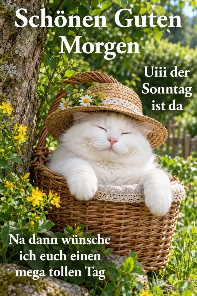 Weiße Katze mit Strohhut sitzt in einem Weidenkorb, Text: Schönen Guten Morgen – Uiii der Sonntag ist da – Na dann wünsche ich euch einen mega tollen Tag