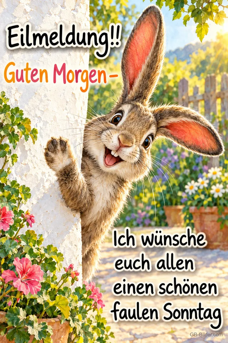 Hase winkt grinsend hinter einer Hauswand im Garten, Text: Eilmeldung!! Guten Morgen – Ich wünsche euch allen einen schönen faulen Sonntag