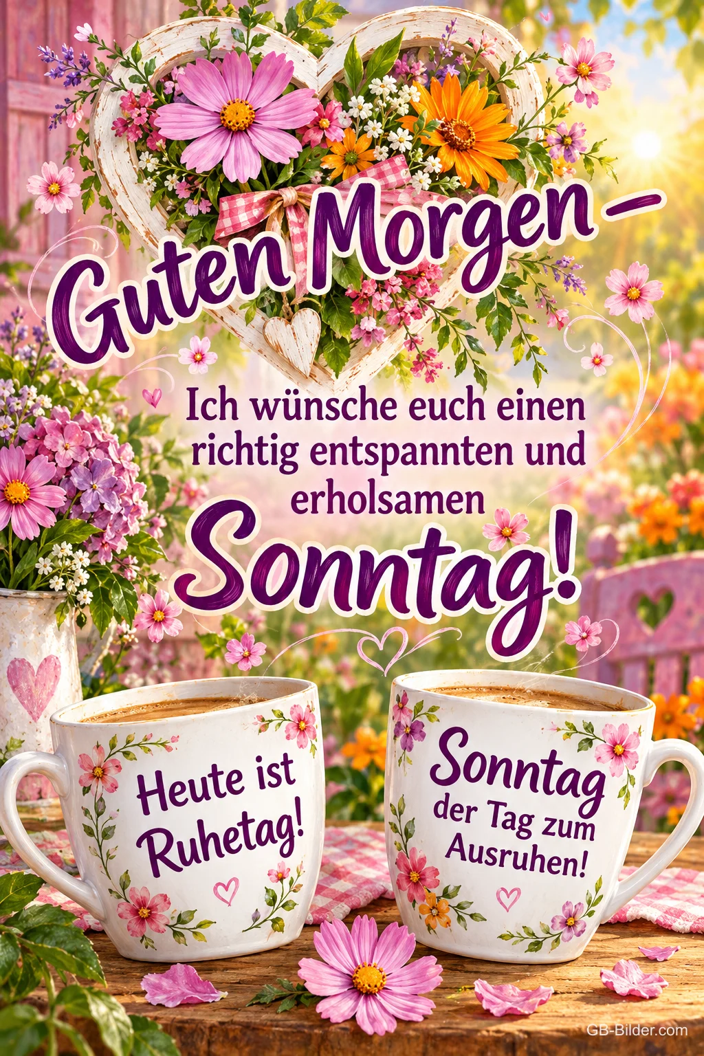 Zwei Tassen mit Sonntagssprüchen vor einem Herz aus Blumen, Text: Guten Morgen – Ich wünsche euch einen richtig entspannten und erholsamen Sonntag! Heute ist Ruhetag! Sonntag der Tag zum Ausruhen!