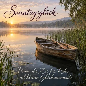 Ruderboot im Sonnenaufgang, Text: Sonntagsglück