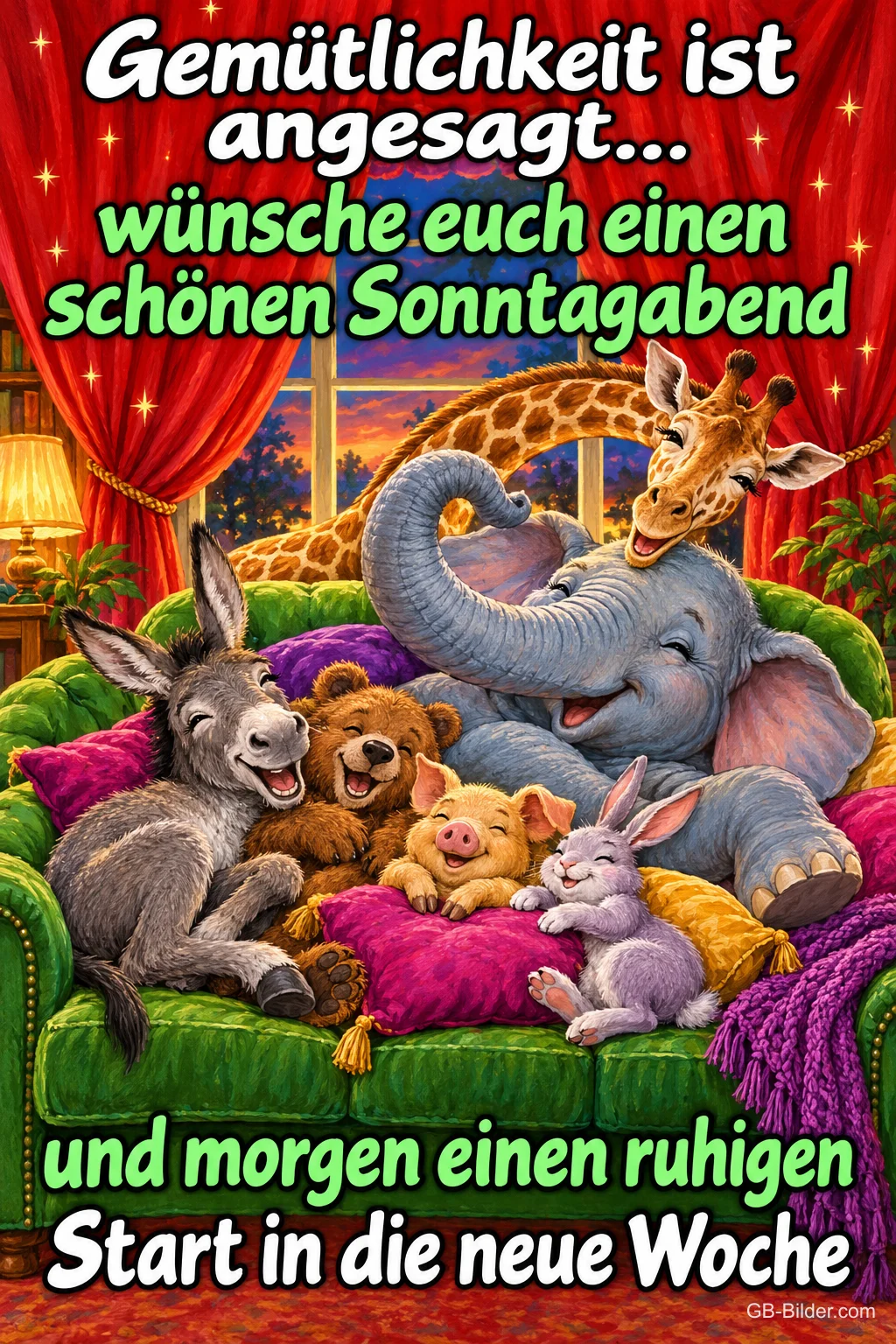 Elefant, Giraffe, Esel, Bär, Ferkel und Hase kuscheln auf einem grünen Sofa, Text: Gemütlichkeit ist angesagt… wünsche euch einen schönen Sonntagabend und morgen einen ruhigen Start in die neue Woche