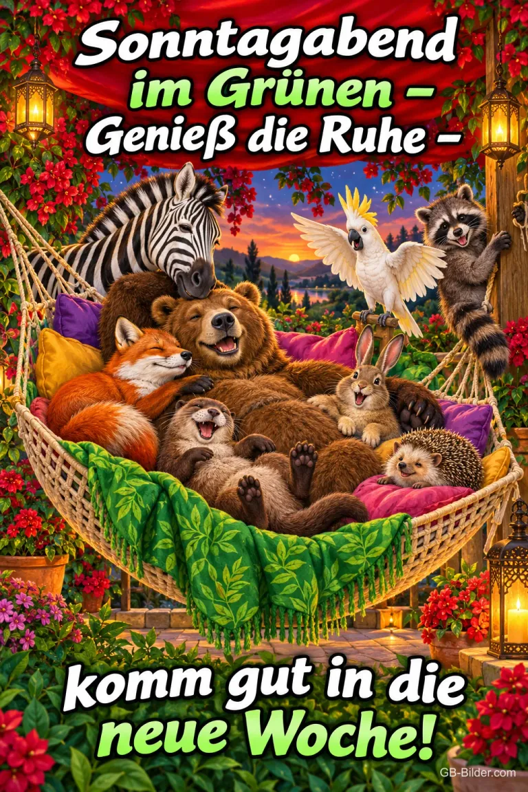 Bär, Fuchs, Otter, Hase und Igel liegen in einer Hängematte, Zebra und Kakadu, Text: Sonntagabend im Grünen – Genieß die Ruhe – komm gut in die neue Woche!