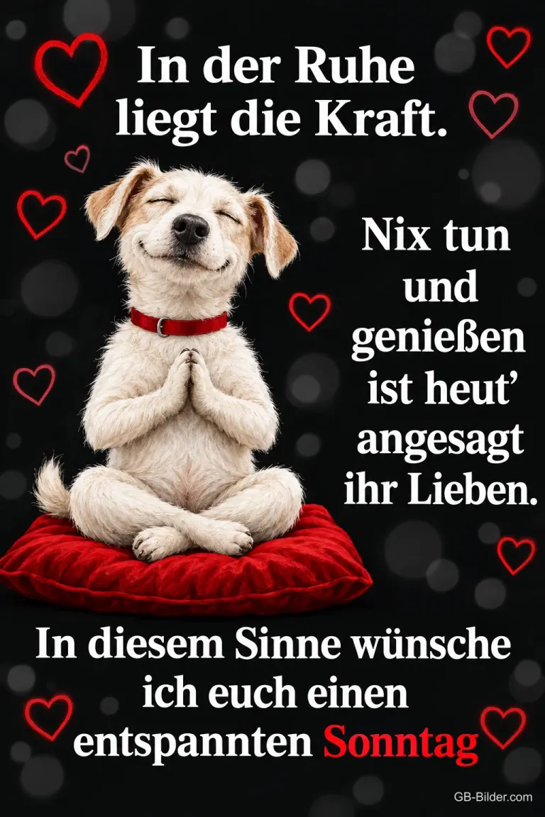 Weißer Hund sitzt lächelnd im Schneidersitz auf einem roten Kissen, Text: In der Ruhe liegt die Kraft. Nix tun und genießen ist heut’ angesagt ihr Lieben. In diesem Sinne wünsche ich euch einen entspannten Sonntag