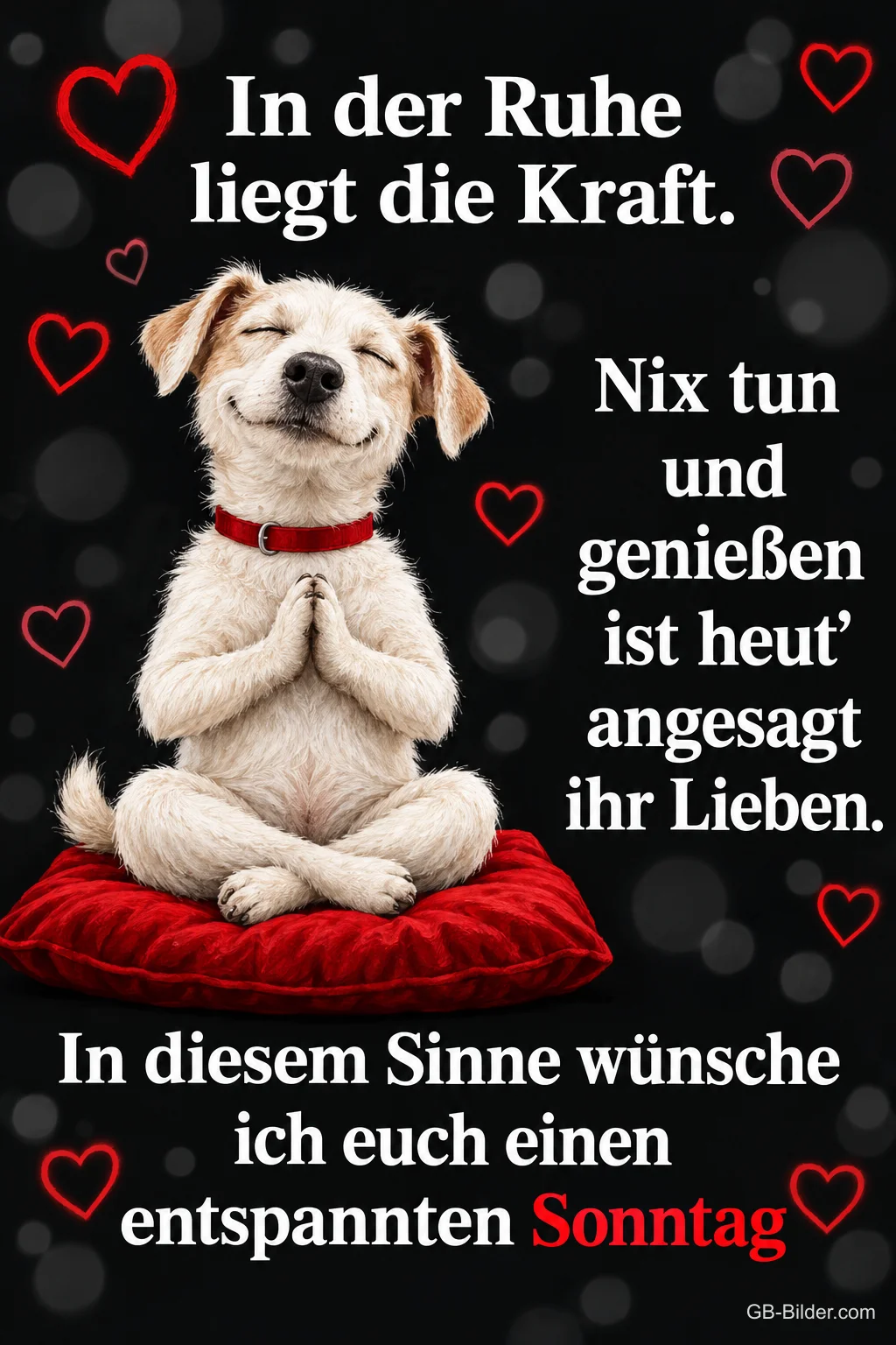 Weißer Hund sitzt lächelnd im Schneidersitz auf einem roten Kissen, Text: In der Ruhe liegt die Kraft. Nix tun und genießen ist heut’ angesagt ihr Lieben. In diesem Sinne wünsche ich euch einen entspannten Sonntag