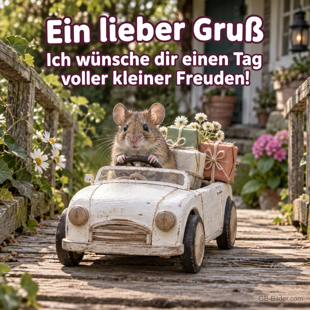 Maus im Holzauto mit Geschenken, Text: Ein lieber Gruß