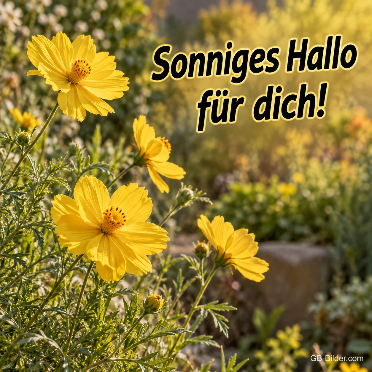 Gelbe Blüten im Garten, Text: Sonniges Hallo für dich!